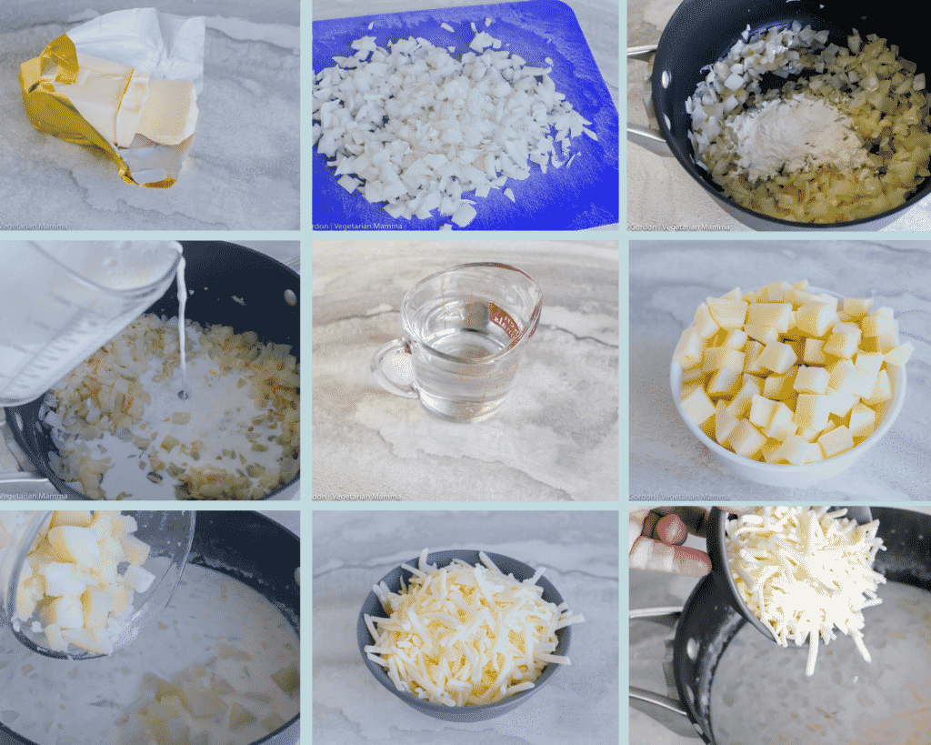 Collage of nine images of Vegetarian Potato Soup