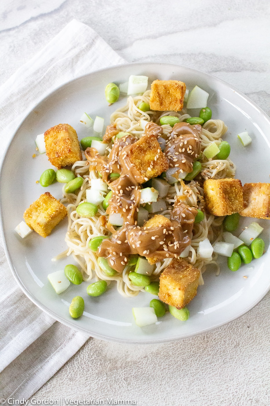 Overhead of a tofu noodle bowl on a round white plate