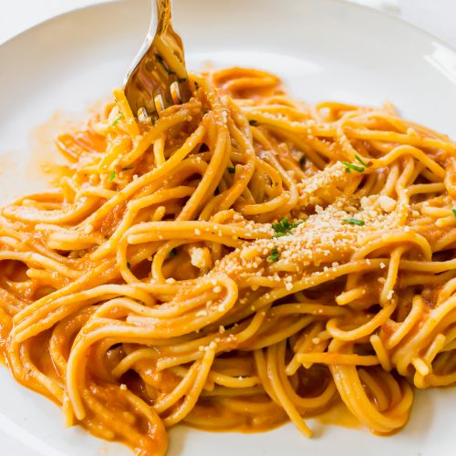Vegetarian Spaghetti Sauce being twirled on a fork.