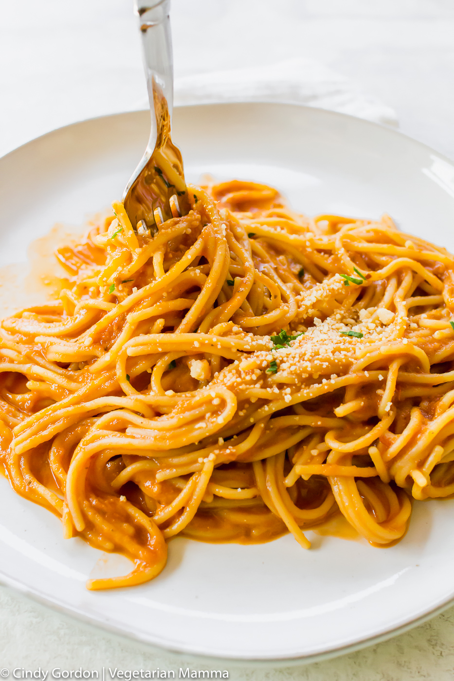 Vegetarian Spaghetti Sauce being twirled on a fork.