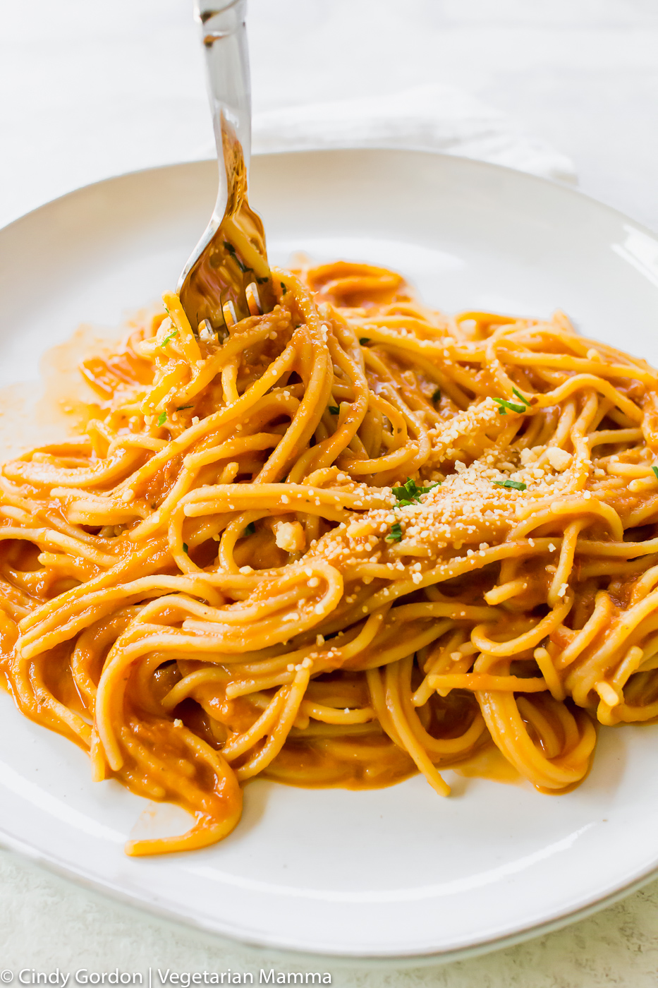 Vegetarian Spaghetti Sauce twirled on a fork garnished with Parmesan