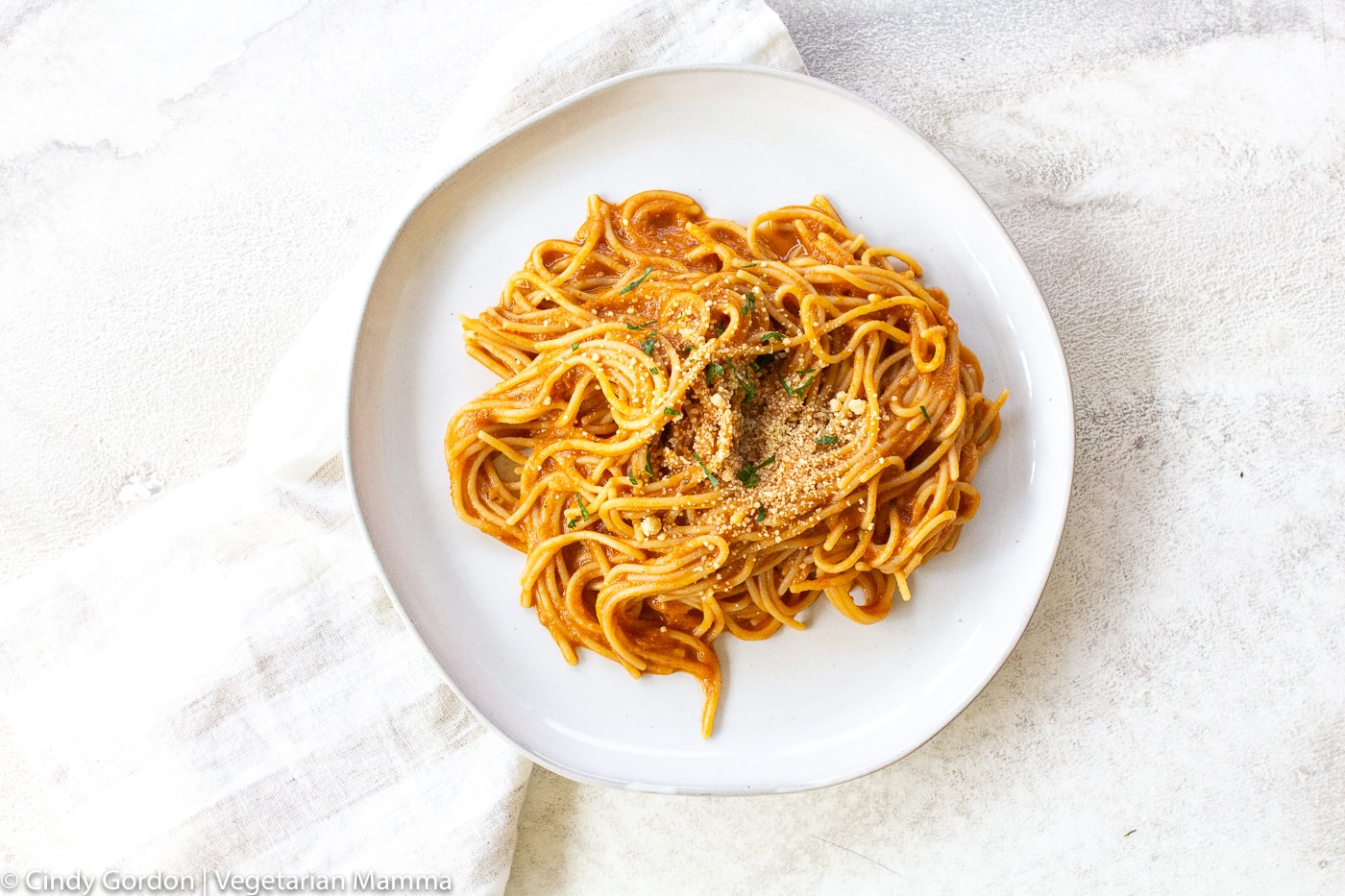 Vegetarian Spaghetti Sauce on white plate with white background