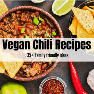 brown chili bowl filled with chili and corn tortilla chips on site with some diced green onions on top. Text overlay says vegan chili recipes