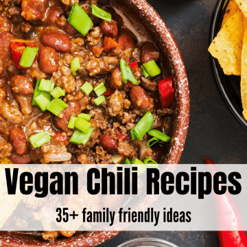 brown chili bowl filled with chili and corn tortilla chips on site with some diced green onions on top. Text overlay says vegan chili recipes