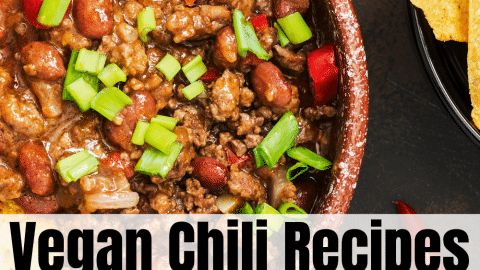 brown chili bowl filled with chili and corn tortilla chips on site with some diced green onions on top. Text overlay says vegan chili recipes