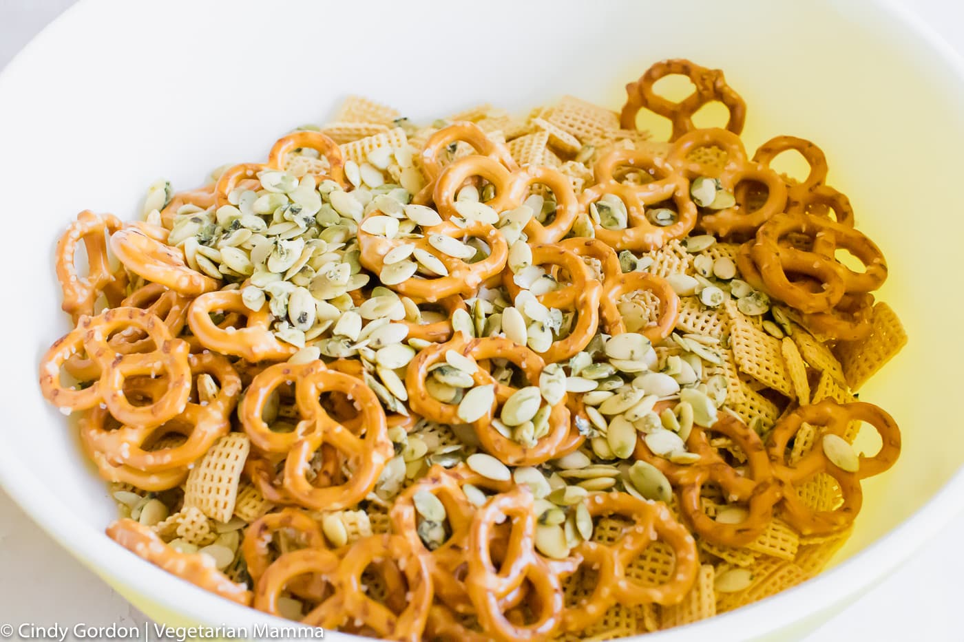 Air Fryer Chex Mix Ingredients in bowl