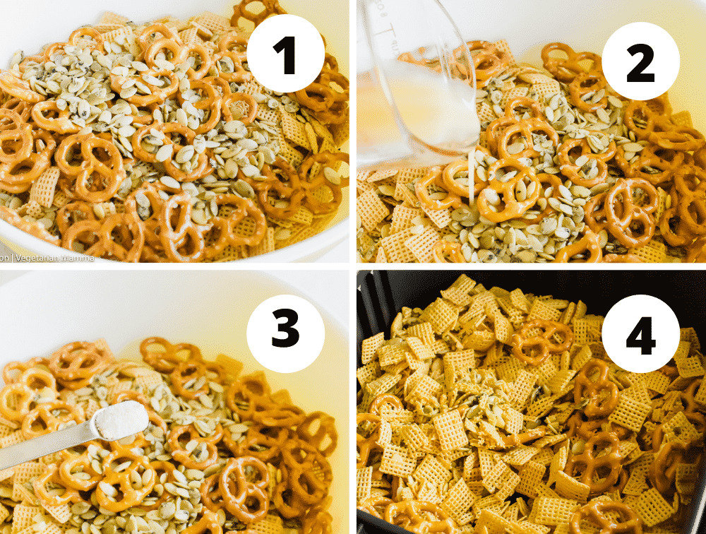 four picture collage for how to make air fryer chex mix