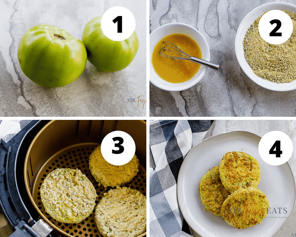 photo collage of four steps to make fried green tomatoes