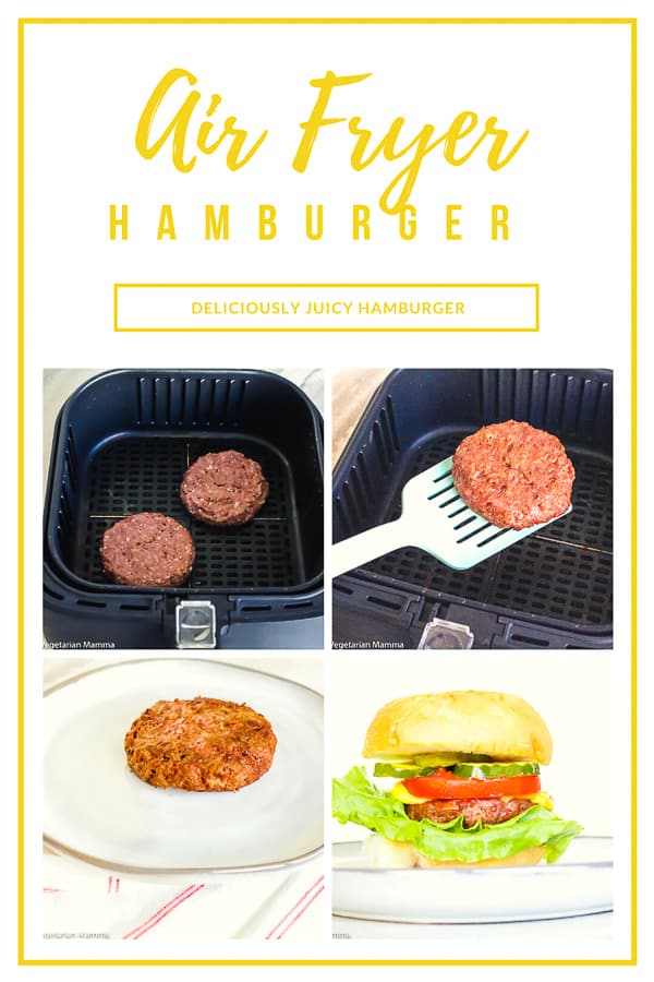 If you are on a quest to find the worlds best hamburger, then you need to try an air fryer hamburger. The glory about burgers in the air fryer is that they stay incredibly juicy! Whether you are making a beef, turkey or veggie burger, the air fryer burgers stay juicy and oh so delicious when you make them in the air fryer! #airfryerburger #airfryerhamburger