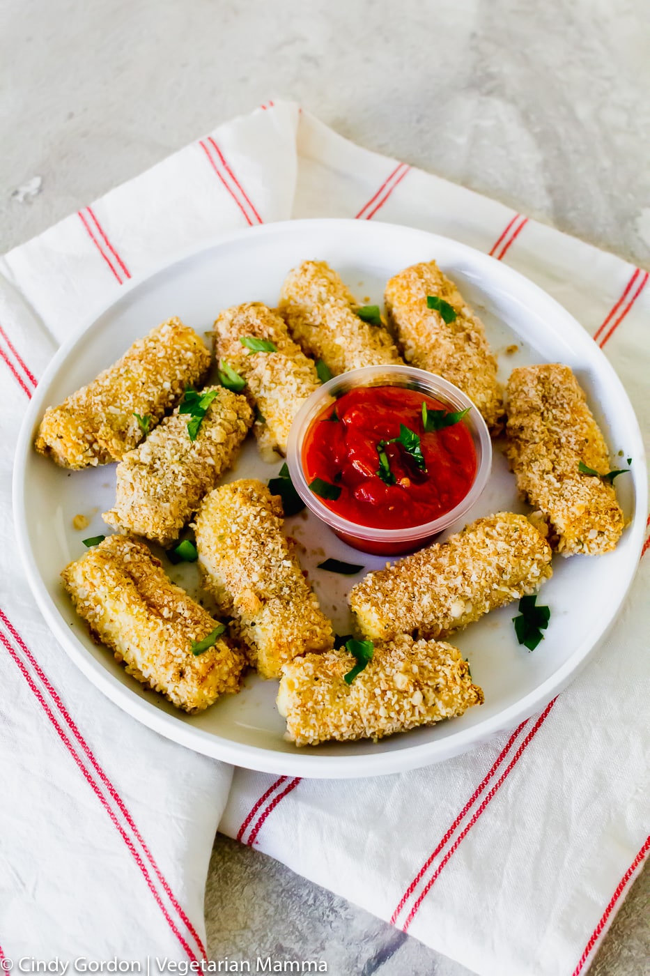 Air Fryer Mozzarella Sticks with red sauce on a white plate