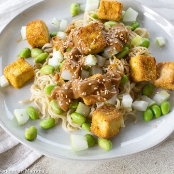 Tofu and noodles on white plate with cloth besides the plate