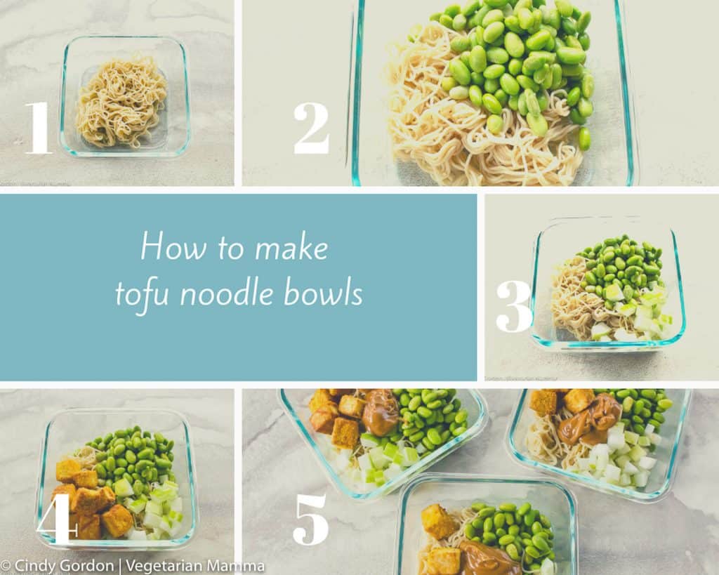 Collage of photos to show how to construct tofu noodle bowls.
