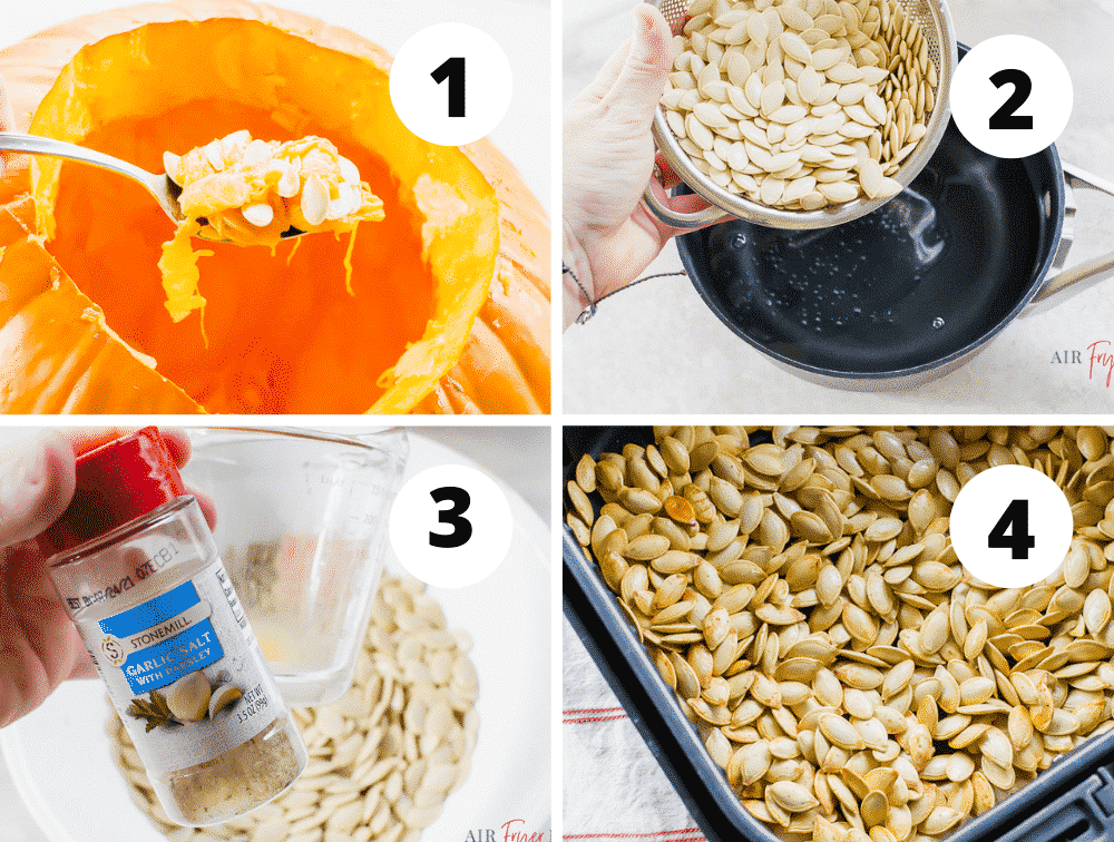 Photo collage of four steps to make air fryer pumpkin seeds.