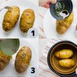 4 picture collage giving a visual step by step instructions for making air fryer baked potatoes