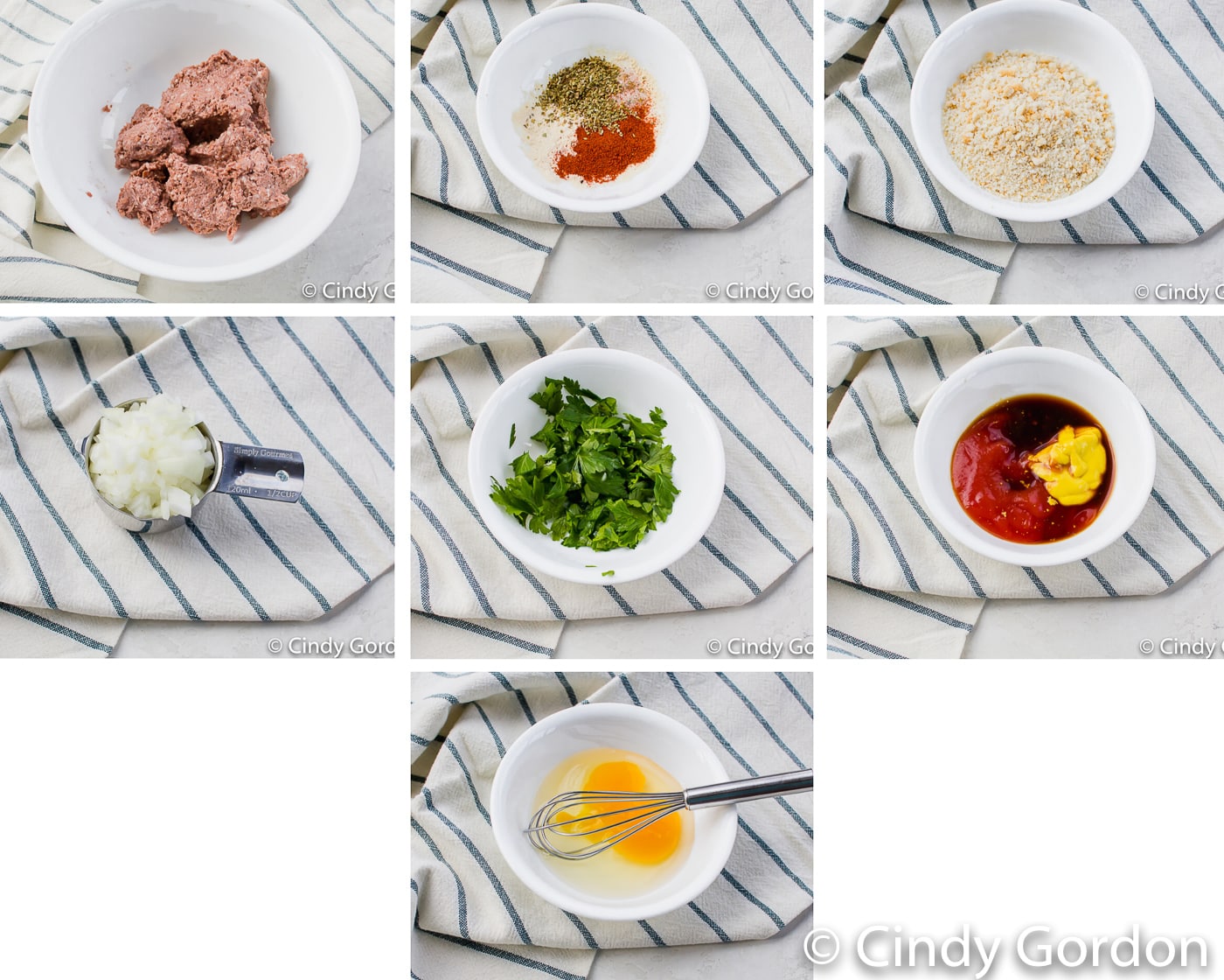 Collage of individual pictures of meatloaf ingredients