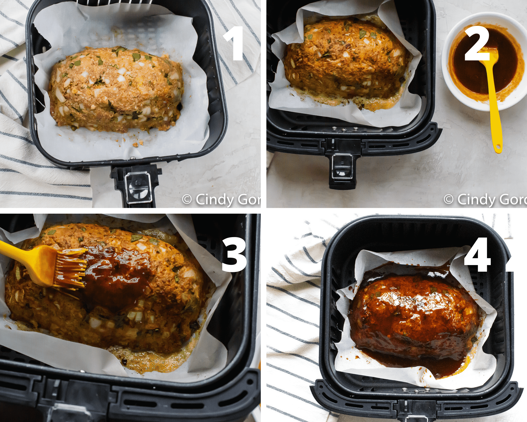 collage picture of the 4 steps to make air fryer meatloaf