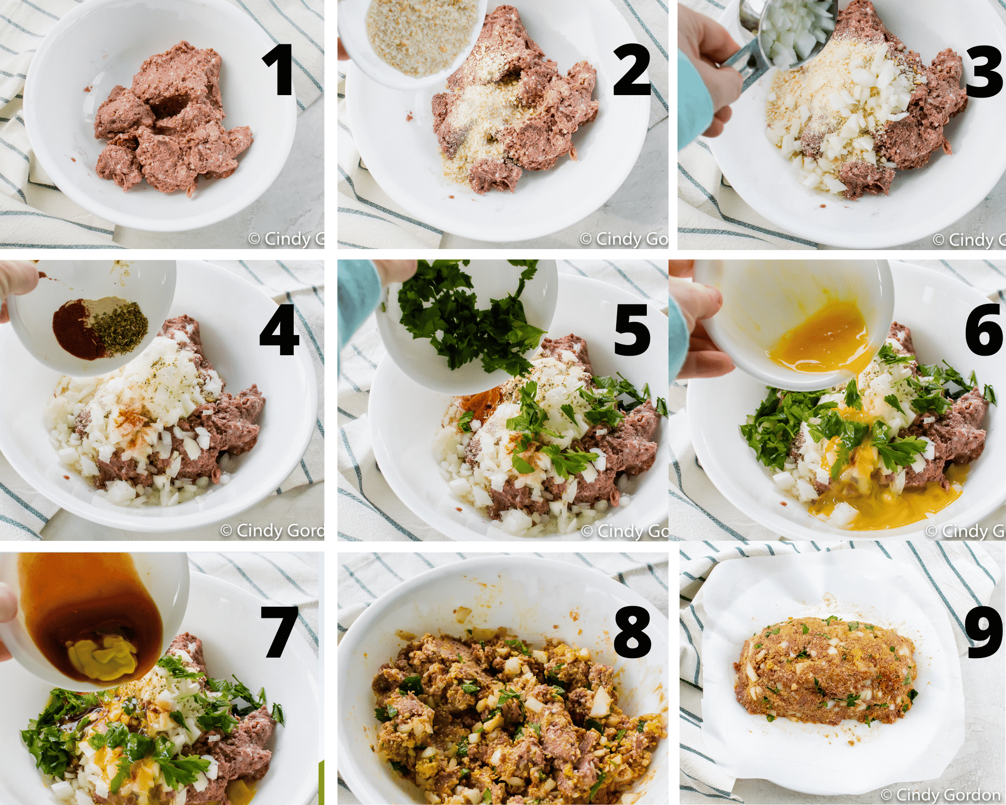9 steps of mixing ingredients to make vegetarian meatloaf