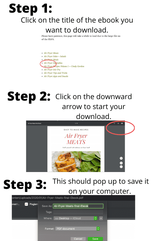 Three images showing the steps of how to download an ebook