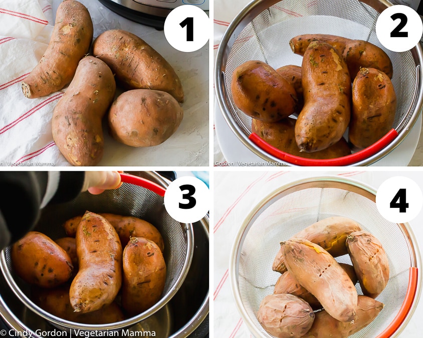 a collage of four images showing steps for cooking sweet potatoes in a pressure cooker