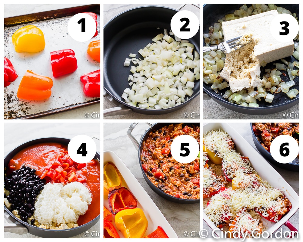 collage picture of the steps to make vegetarian stuffed peppers