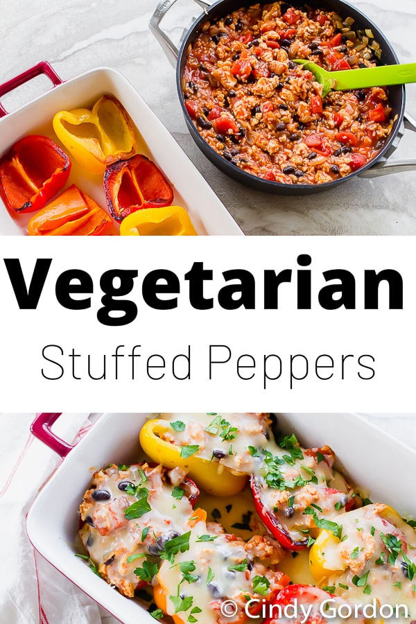 These Vegetarian Stuffed Peppers are filled to the brim with flavorful rice, beans, tomatoes then covered with heaps of melted cheese. These vegetarian stuffed bell peppers are perfect for a deliciously filling week-night meal. #stuffedpeppers @vegetarian