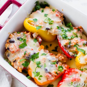 overhead shot of multi color stuffed peppers with white melted cheese and green herbs on top