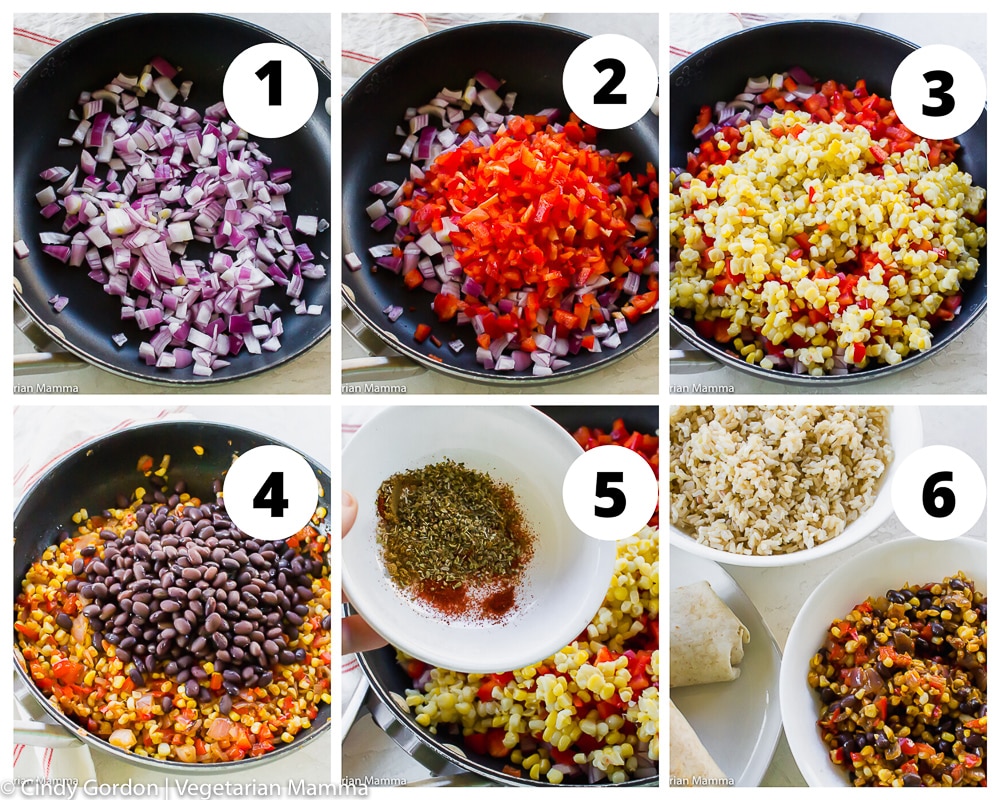 a collage of six photos showing how to make filling for vegan burritos