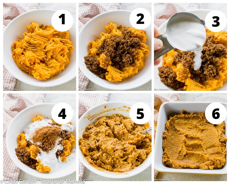 a collage of images showing steps by step instructions for making sweet potato casserole
