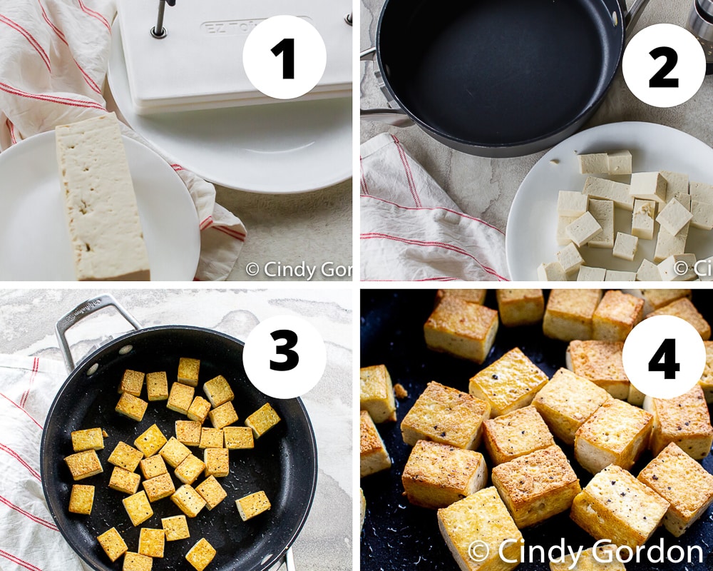 collage of 4 pictures showing directions of how to make pan fried tofu
