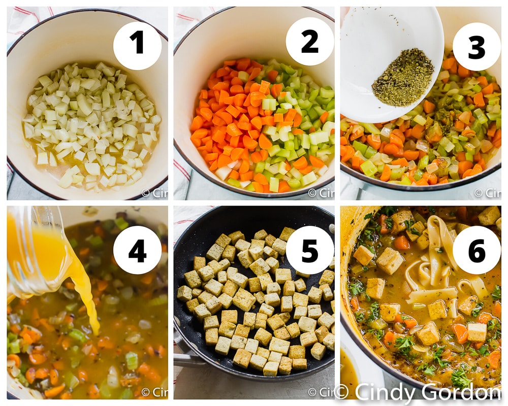 collage of images showing instructions for making tofu noodle soup