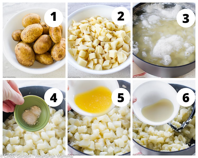 collage of images showing instructions for cooking potatoes for mashed potatoes