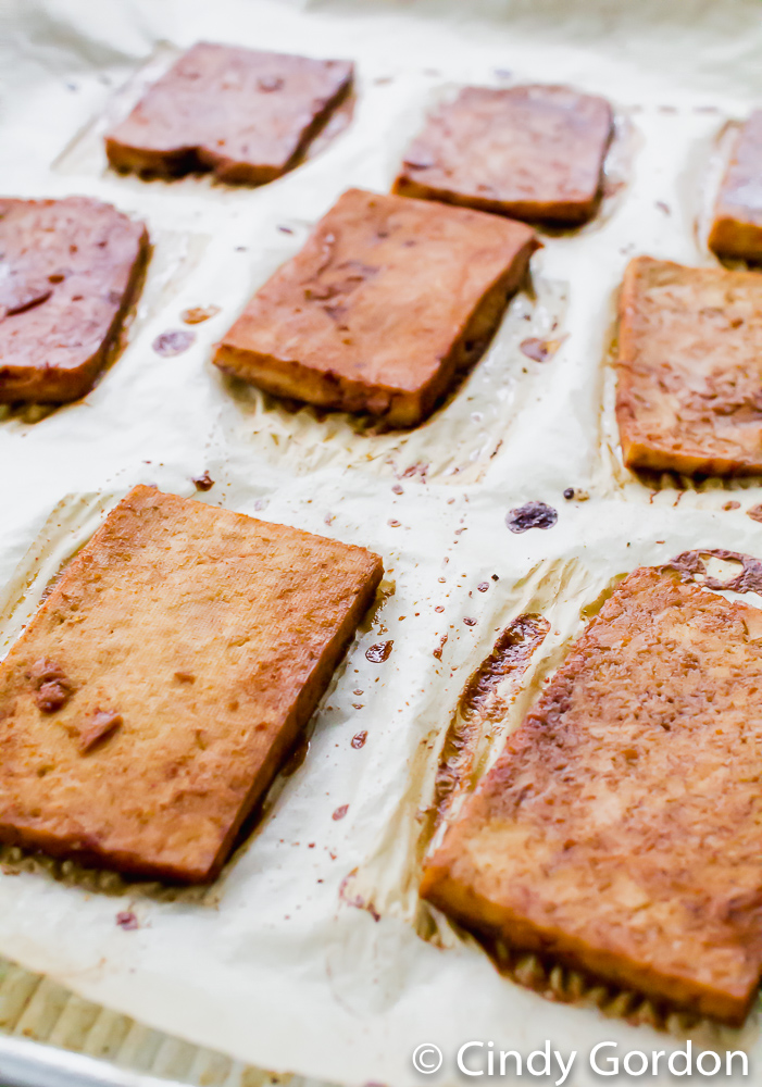 tofu marinated and baked to resemble the flavors of bacon