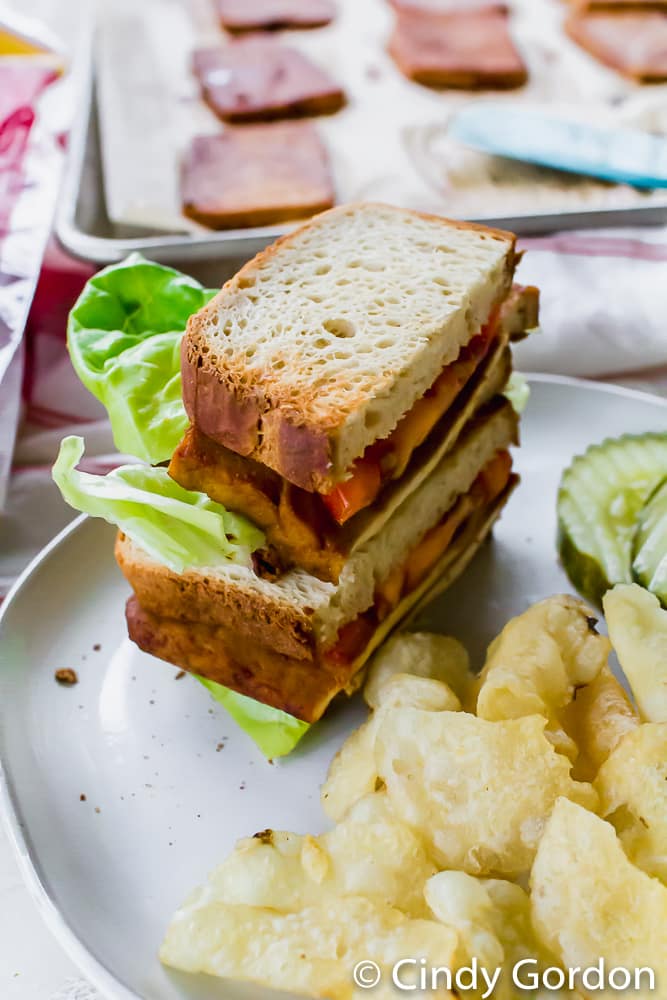 tofu bacon, tomato, and lettuce on toasted bread with a side of chips and pickles