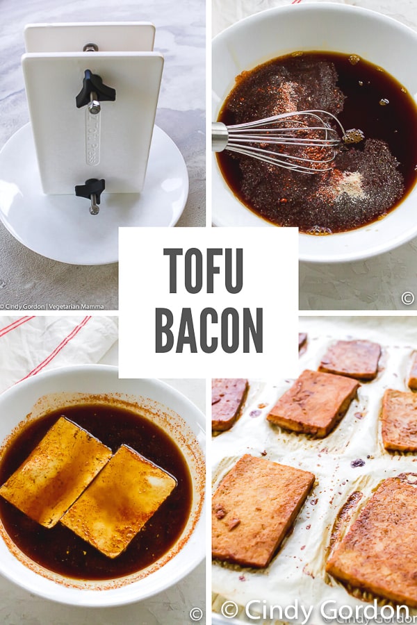 This Tofu Bacon recipe will make you think you're eating the real thing! All the flavor is mixed into a deliciously savory and sweet marinade that fills the tofu with the salty bacon taste! #tofubacon #vegetarianbacon #veganbacon