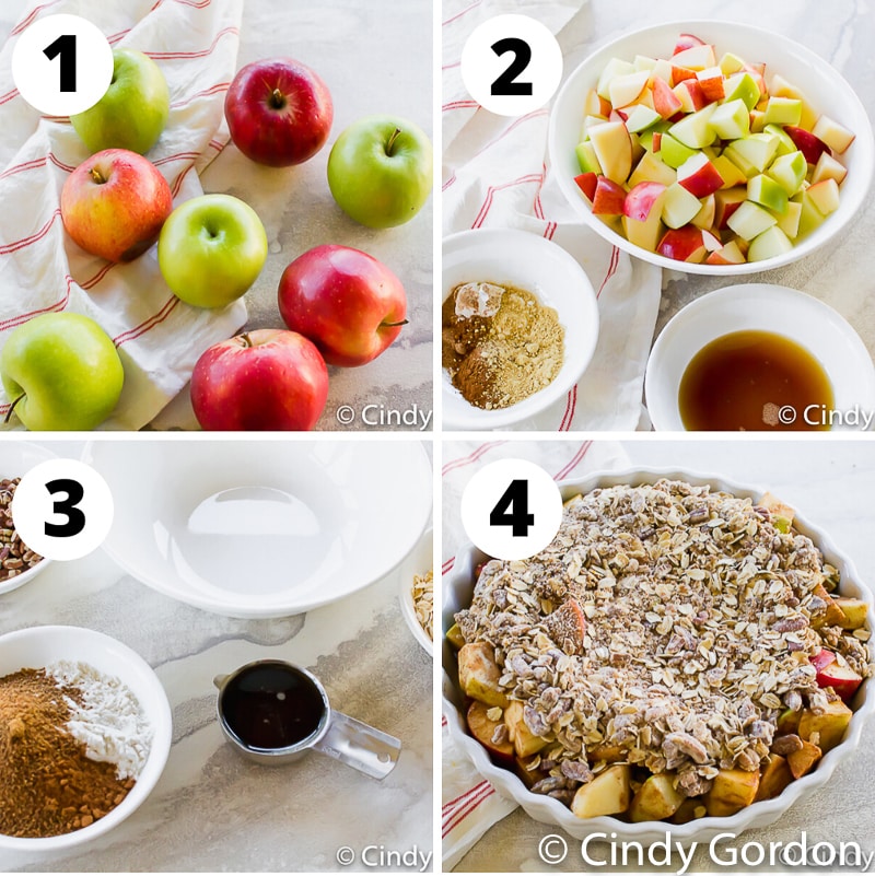 photo collage of 4 steps to make vegan apple crisp