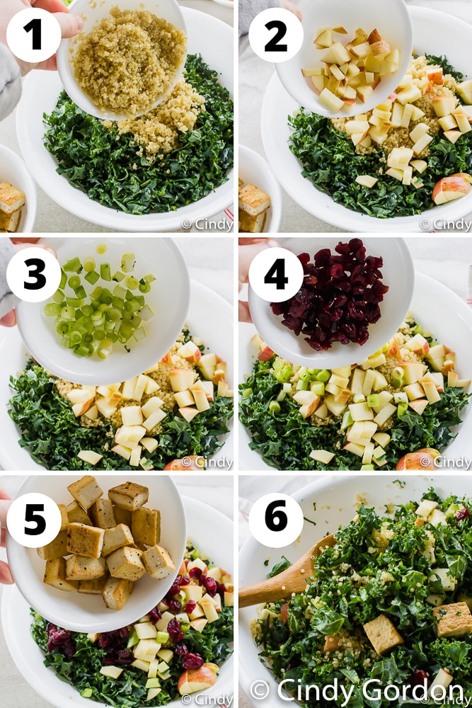 steps to make fried tofu in a kale, apple, and cranberry salad
