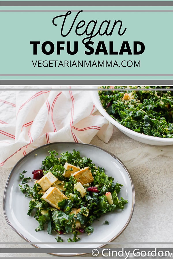 This Tofu Salad is full of delicious fall flavors! Packed with apples, quinoa, dried cranberries, and the bitter bite of kale, add your favorite dressing or use coconut aminos to keep it #glutenfree! #tofu #easysalad