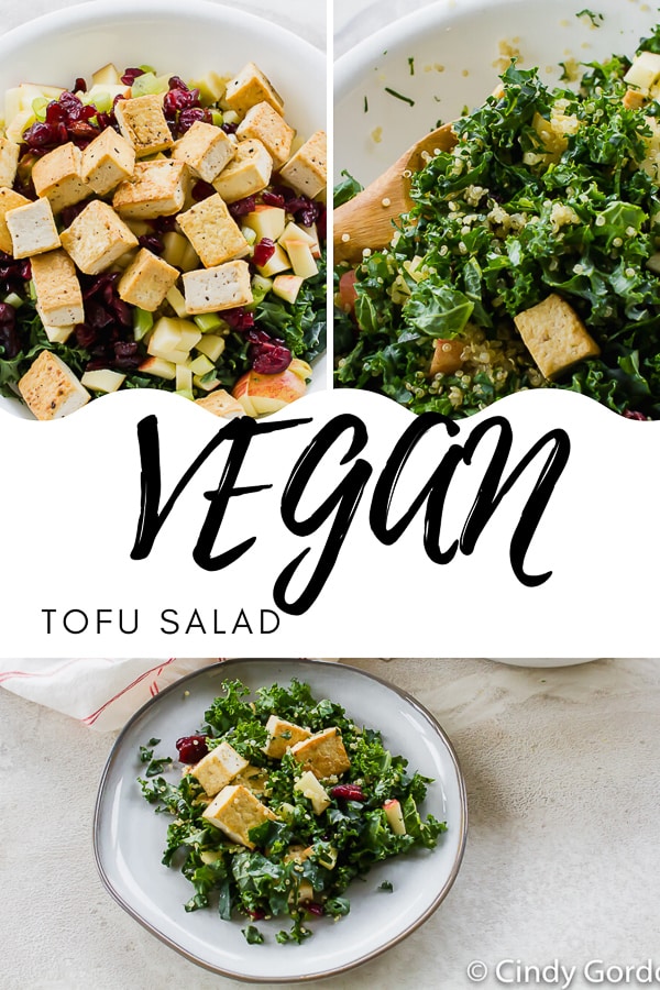 This Tofu Salad is full of delicious fall flavors! Packed with apples, quinoa, dried cranberries, and the bitter bite of kale, add your favorite dressing or use coconut aminos to keep it #glutenfree! #tofu #easysalad