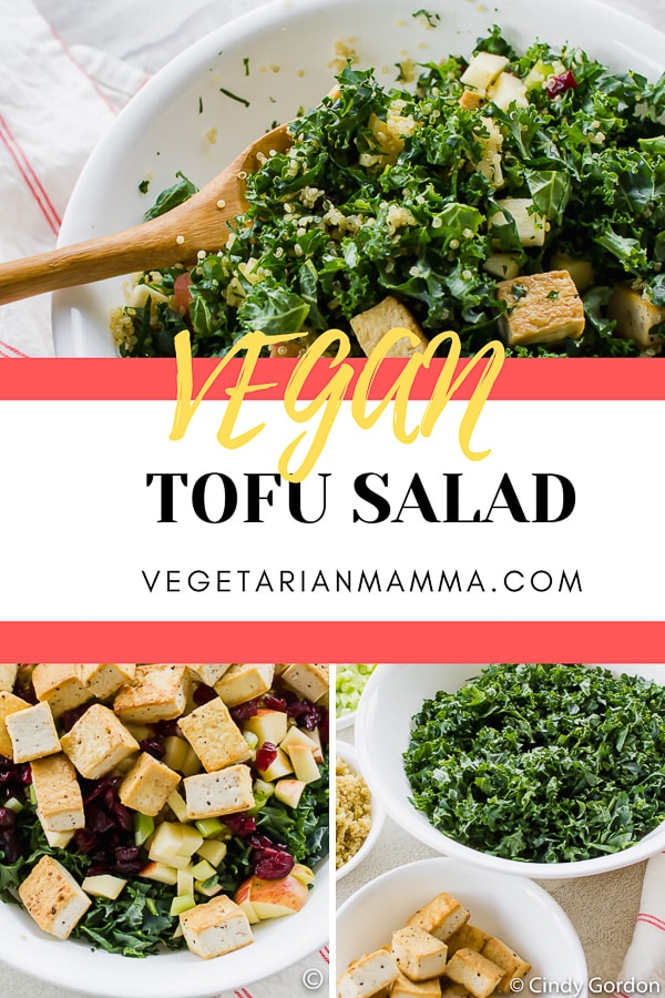 This Tofu Salad is full of delicious fall flavors! Packed with apples, quinoa, dried cranberries, and the bitter bite of kale, add your favorite dressing or use coconut aminos to keep it #glutenfree! #tofu #easysalad