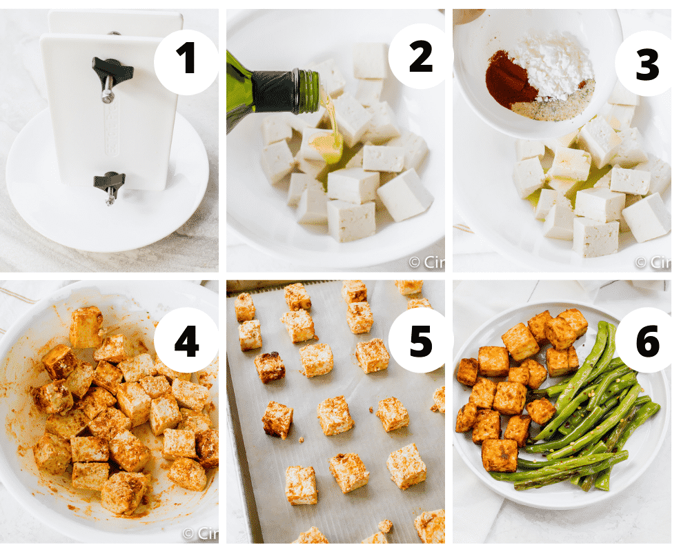 Collage of steps to make tofu roasted in the oven