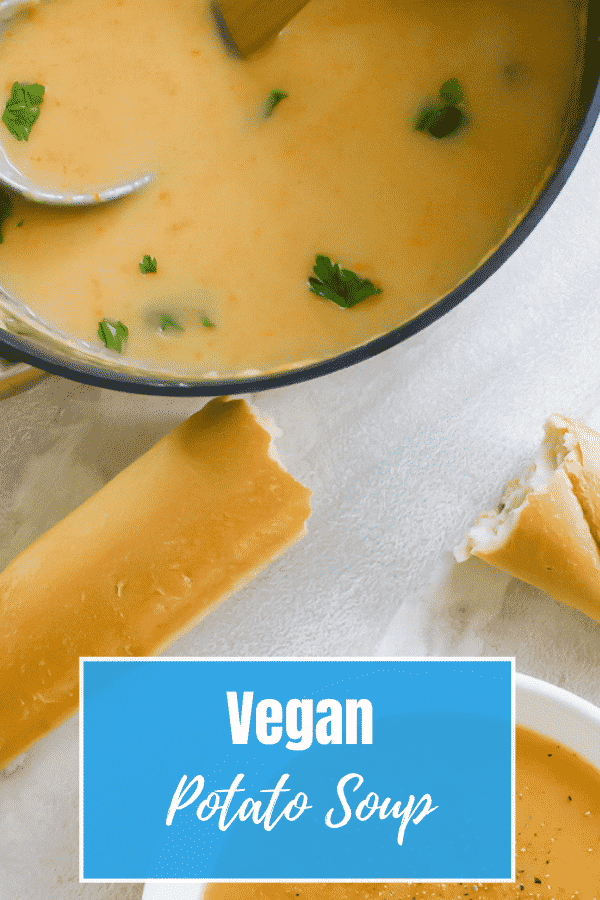 Vegan Potato Soup is super creamy and perfect for winter! This simple soup is packed with carrots, celery, onions, and yellow potatoes for a heartwarming, comforting dinner in an hour. #vegansoup #veganpotatosoup #potatosoup #dairyfreesoup