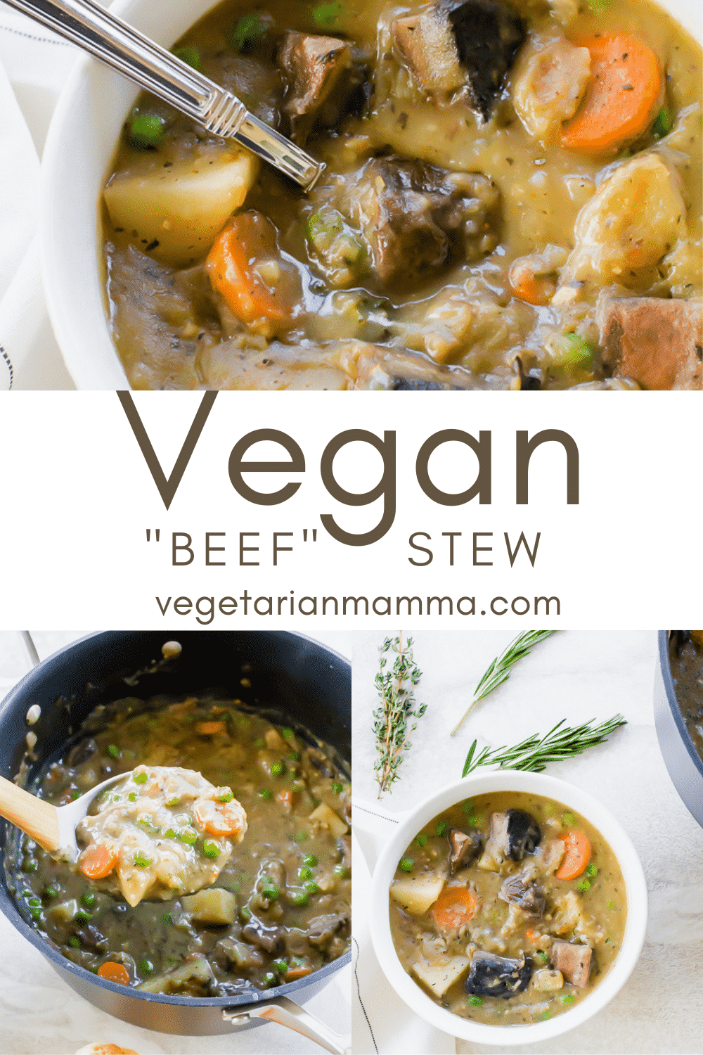 This Vegan Beef Stew is a savory blend of fresh herbs and vegetables. The stew combines plant-based ingredients to deliver superb flavor and texture. #vegan #veganbeefstew #meatlessstew