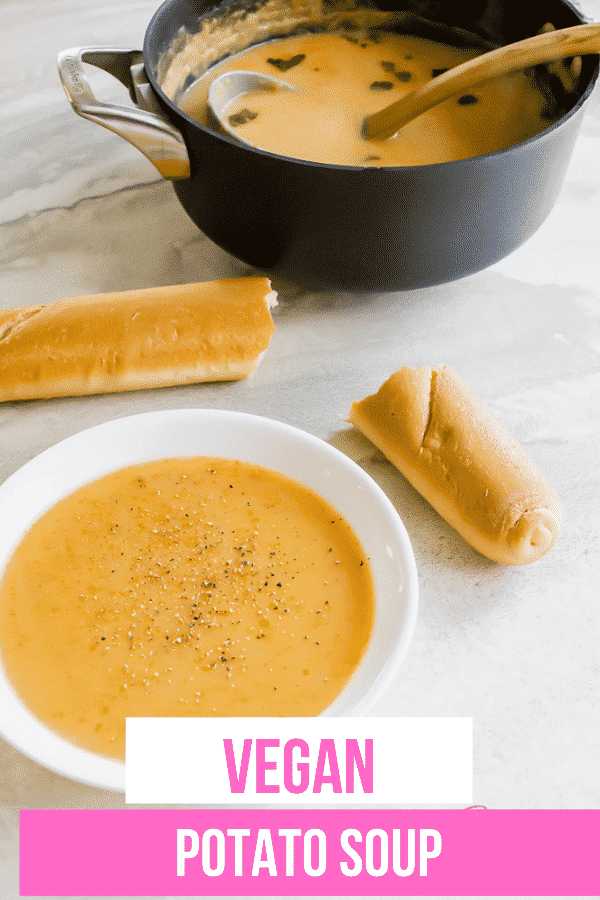 Vegan Potato Soup is super creamy and perfect for winter! This simple soup is packed with carrots, celery, onions, and yellow potatoes for a heartwarming, comforting dinner in an hour. #vegansoup #veganpotatosoup #potatosoup #dairyfreesoup