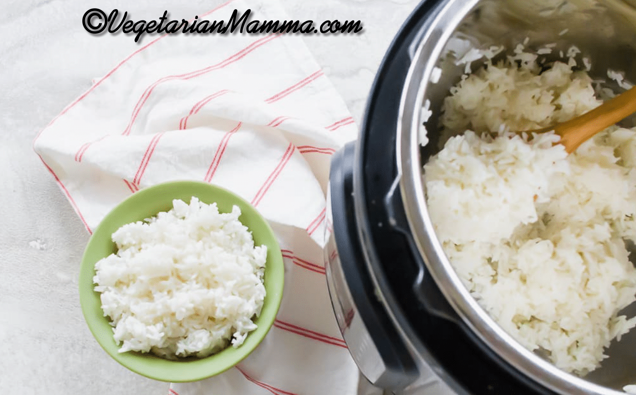 A bowl of jasmine rice next to an Instant Pot of rice