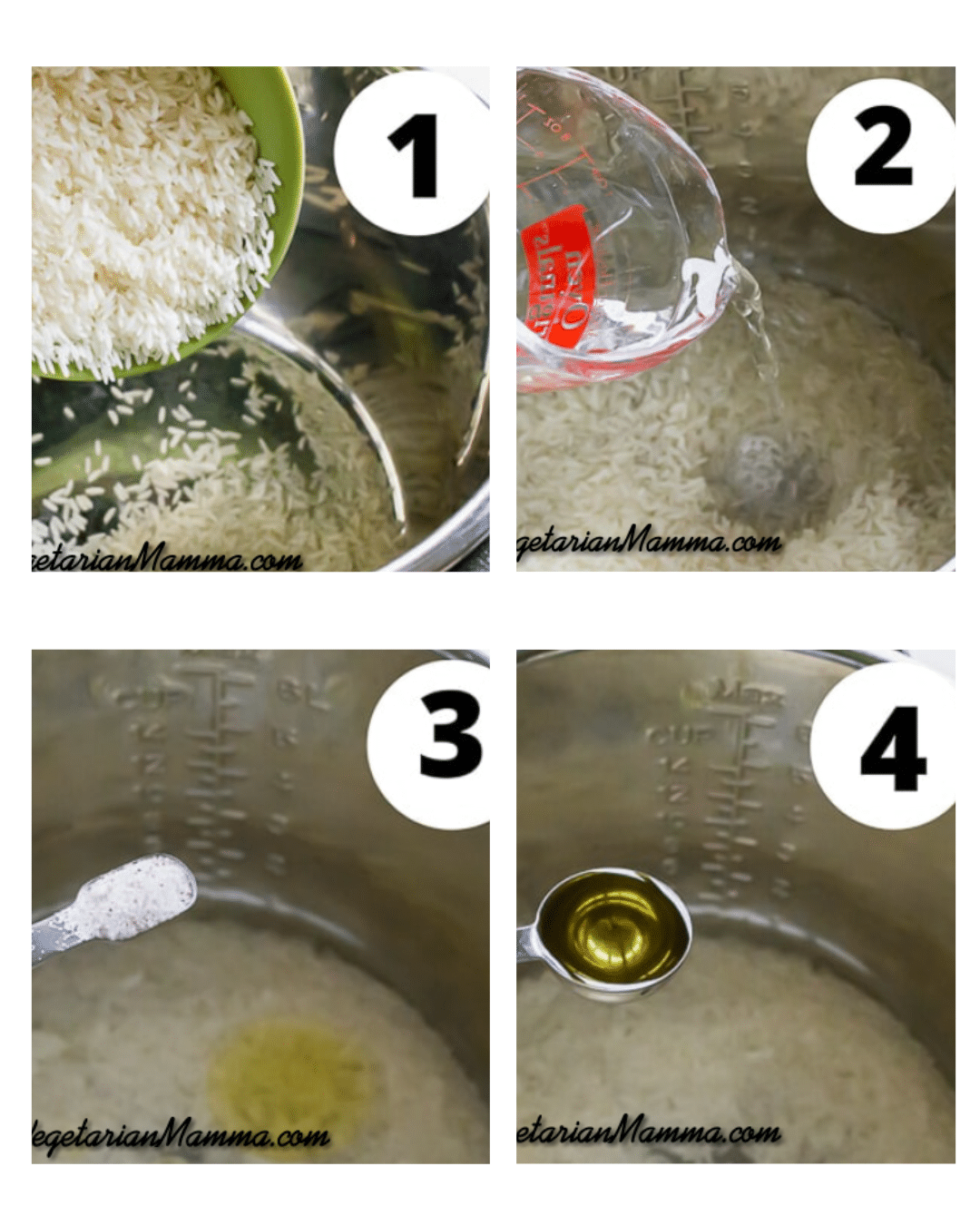 Four items of rinsed rise, water, salt, and oil in the instant pot.