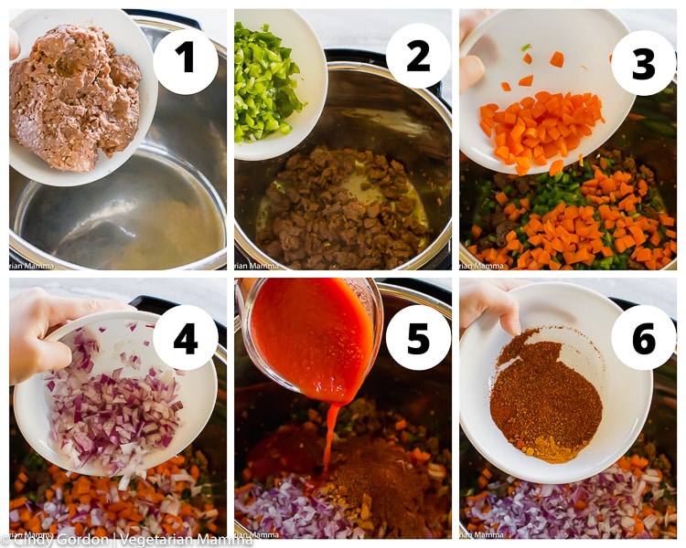 A collage of steps to make vegetarian taco meat