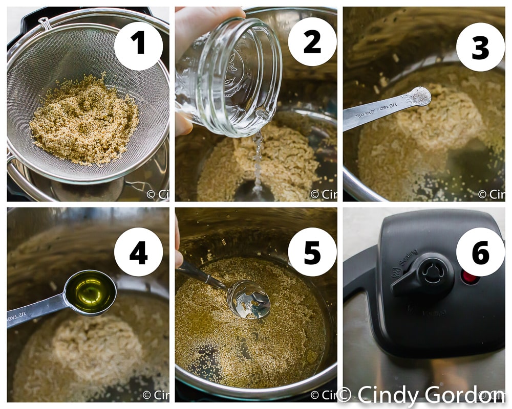 Collage of steps to make quinoa in an instant pot