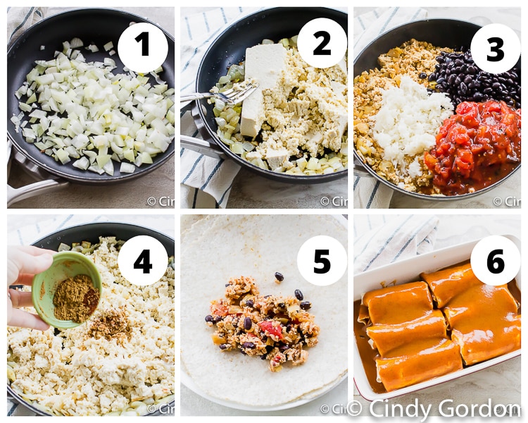 Collage of steps to make vegetarian enchiladas