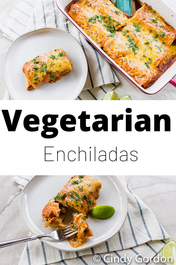 Vegetarian Enchiladas are a hearty and comforting weeknight meal! These tortillas are stuffed with tofu, rice, and beans and smothered in a smooth enchilada sauce. #tofu #vegetarian #mexican