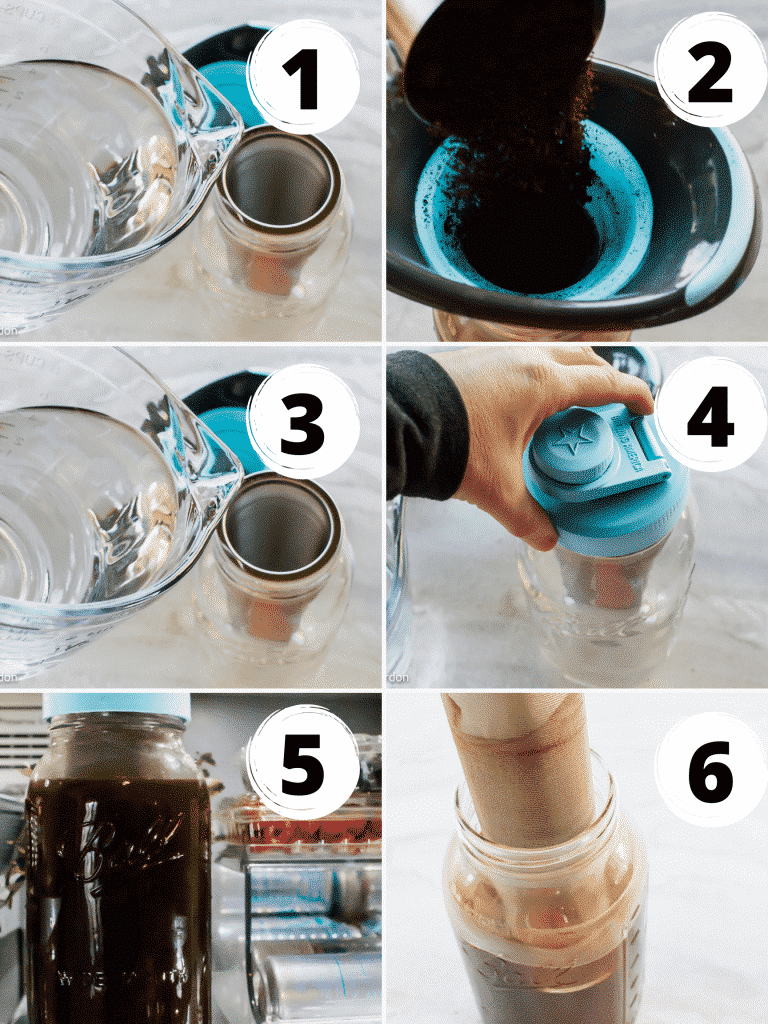 mason jar cold brew picture collage there are six simple steps. Put water in jar, put coffee in filter, put filter in jar, put in fridge 24 hours, remove filter and enjoy.
